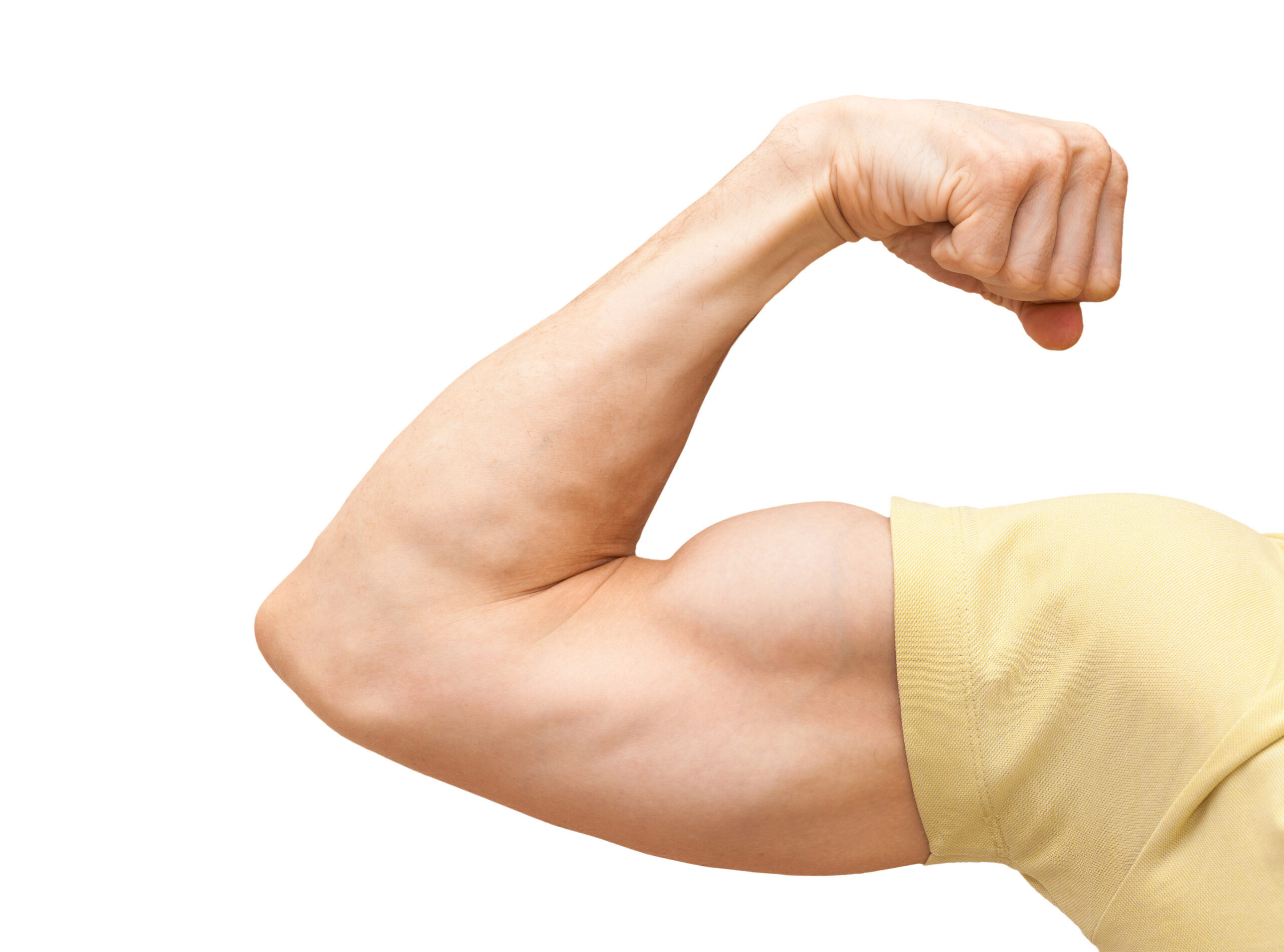 Strong male arm with yellow sleeve shows biceps