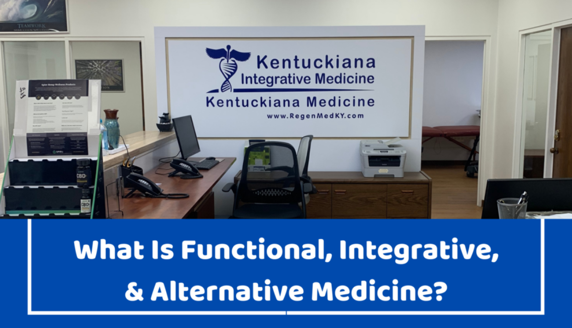 "What is Functional, Integrative, & Alternative Medicine" on background of Reception area at Kentuckiana Integrative Medicine Local Louisville Jeffersonville Office